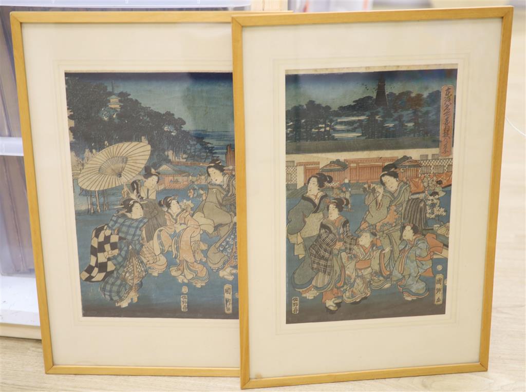 Kunisato, two woodblock prints, Views from famous places in the East Akabane Castle, 37 x 23cm